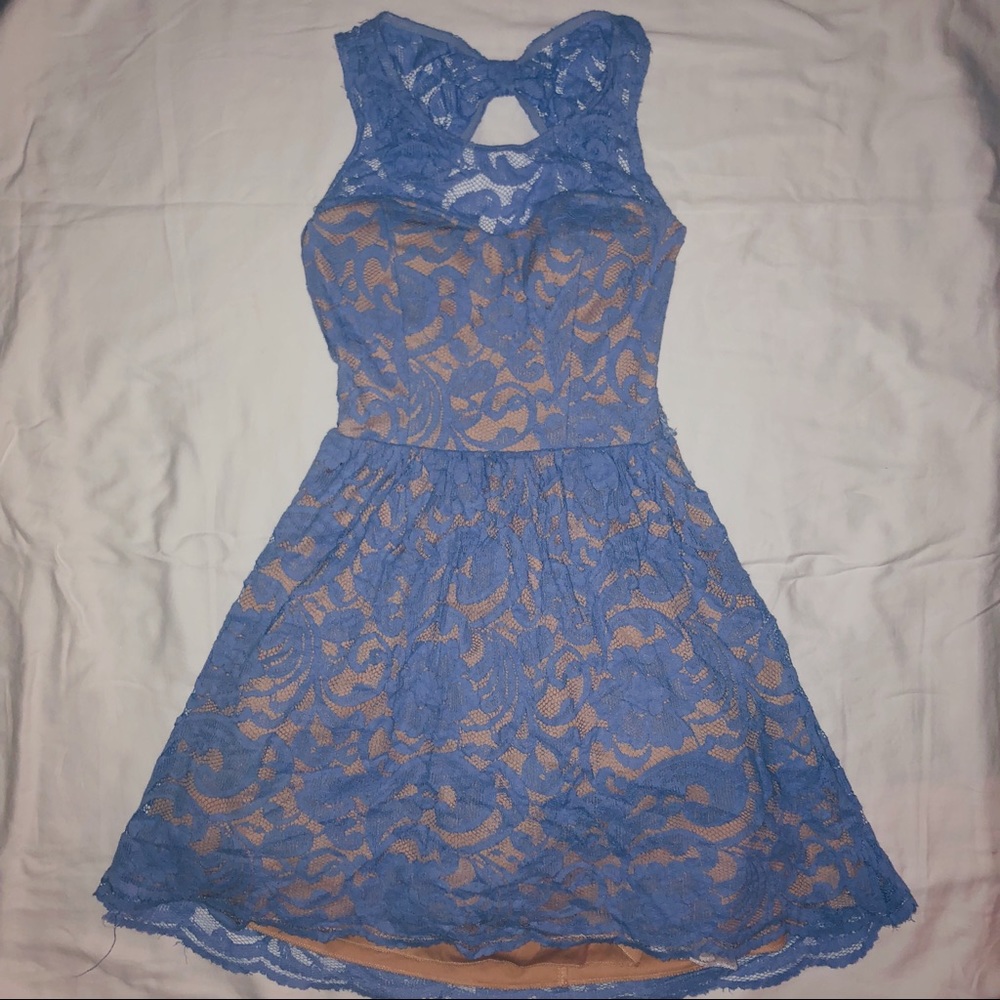 Periwinkle lace dress with open back detailing